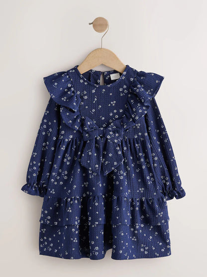 |Girl| Vestido Azul-Marinho de Manga Longa com Babados (3 meses a 7 anos)
