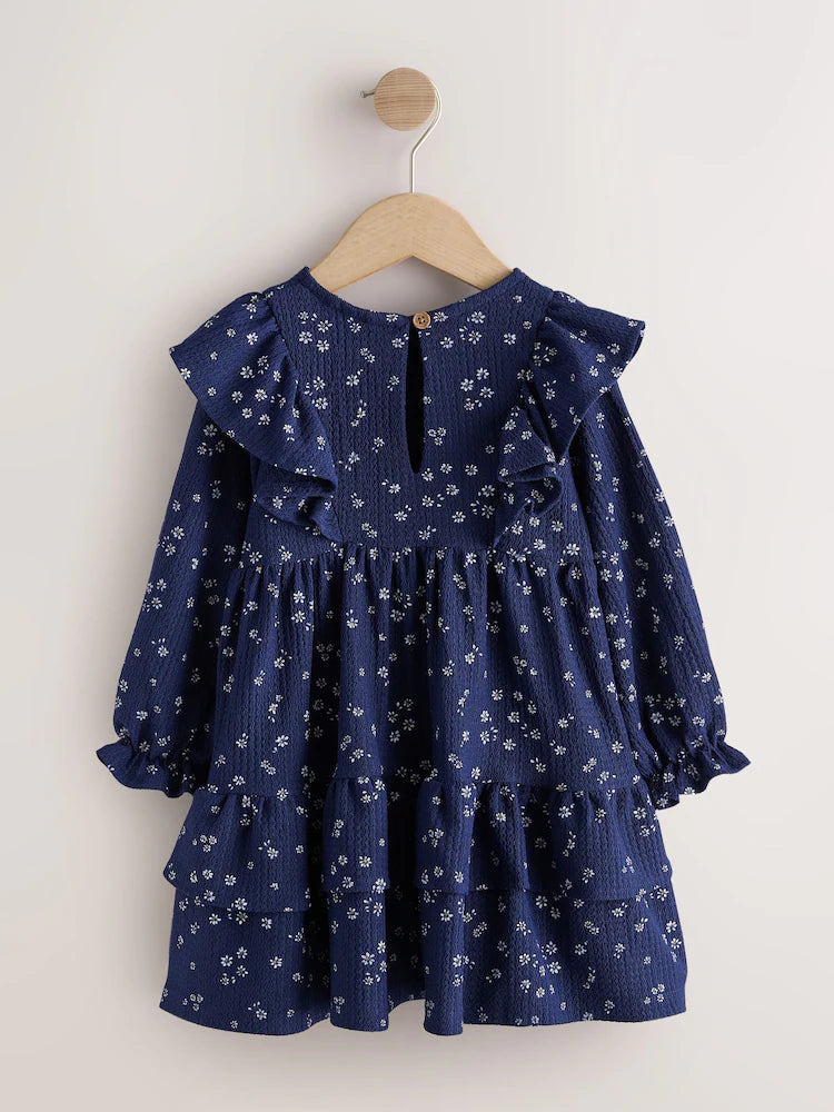 |Girl| Vestido Azul-Marinho de Manga Longa com Babados (3 meses a 7 anos)