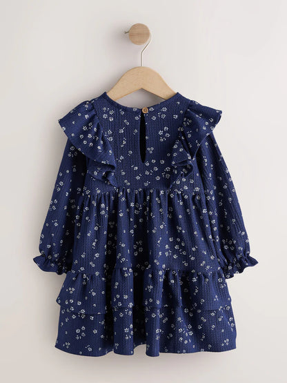 |Girl| Vestido Azul-Marinho de Manga Longa com Babados (3 meses a 7 anos)