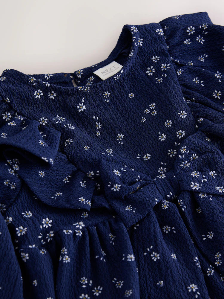 |Girl| Vestido Azul-Marinho de Manga Longa com Babados (3 meses a 7 anos)