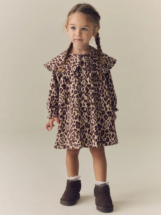 |Girl| Vestido de Manga Longa com Gola e Estampa de Leopardo (3 meses a 7 anos)