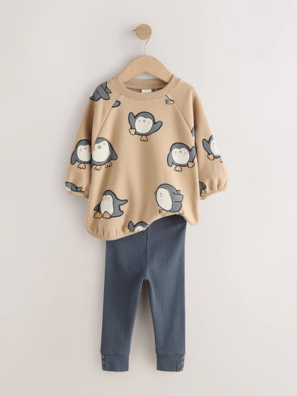 |Girl| Conjunto de Moletom e Legging em Tons Neutros (3 meses a 7 anos)