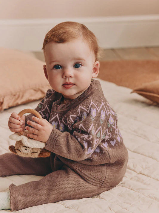 |BabyBoy| Conjunto De 2 Peças Para Bebê: Suéter De Tricô (Marrom-Chocolate, Estampa Fair Isle) e legging (0 meses a 2 anos)