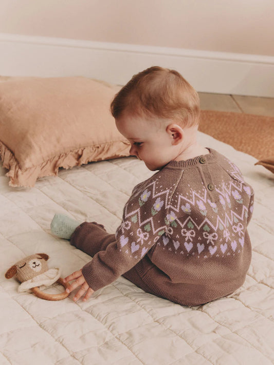 |BabyBoy| Conjunto De 2 Peças Para Bebê: Suéter De Tricô (Marrom-Chocolate, Estampa Fair Isle) e legging (0 meses a 2 anos)