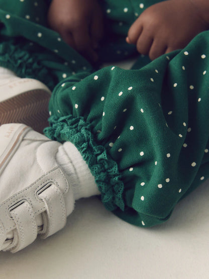 |Girl| Calça Verde de Poá Estilo Bloomer (3 meses a 7 anos)