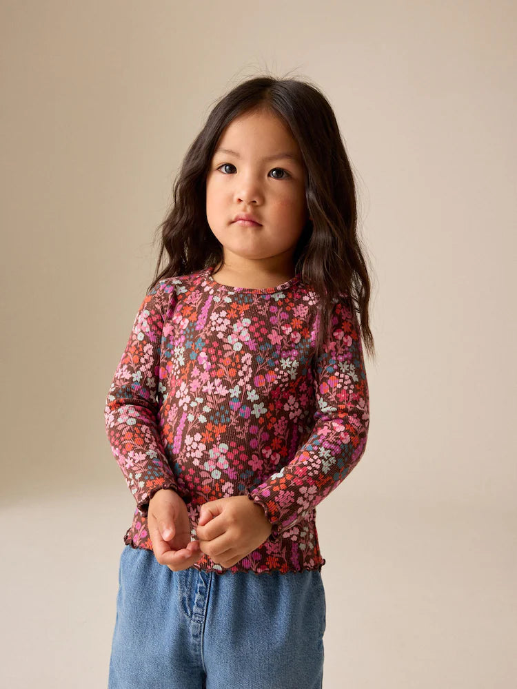 |Girl| Camiseta de Manga Longa Canelada Estampa Floral Choco (3 meses a 7 anos)