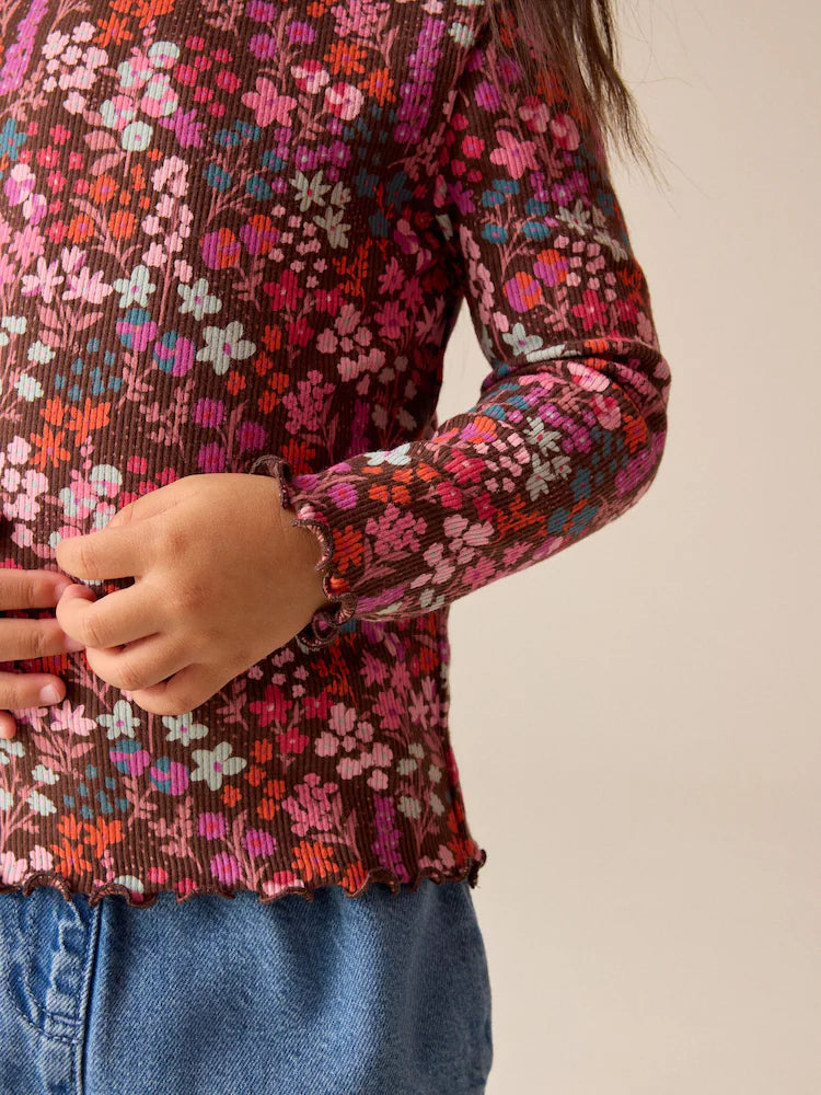 |Girl| Camiseta de Manga Longa Canelada Estampa Floral Choco (3 meses a 7 anos)