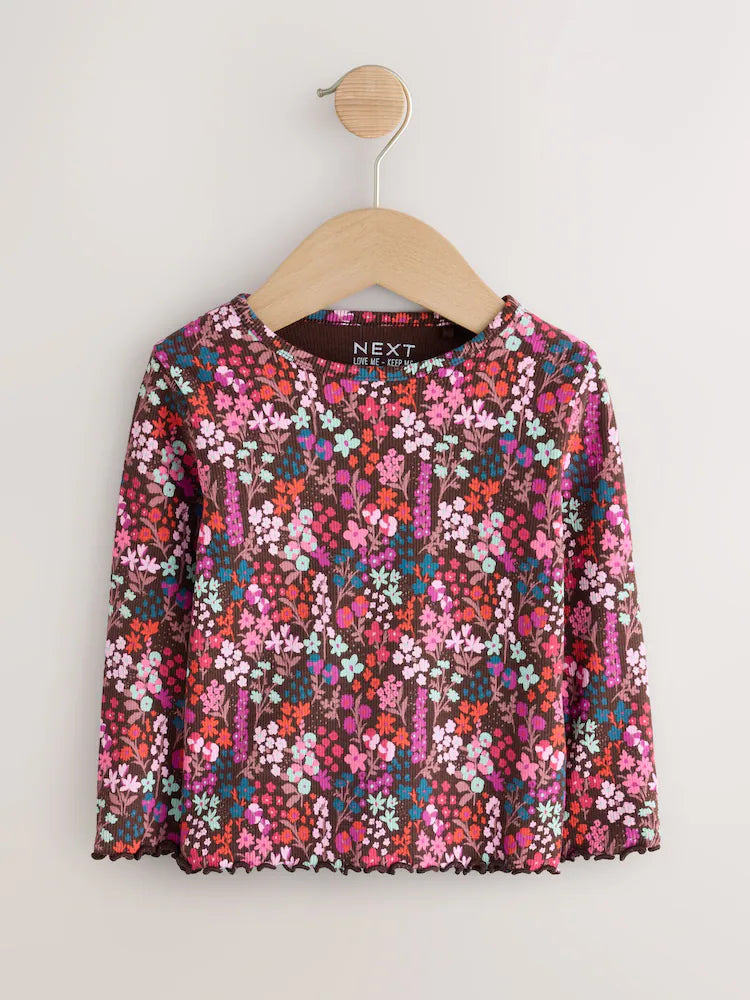 |Girl| Camiseta de Manga Longa Canelada Estampa Floral Choco (3 meses a 7 anos)