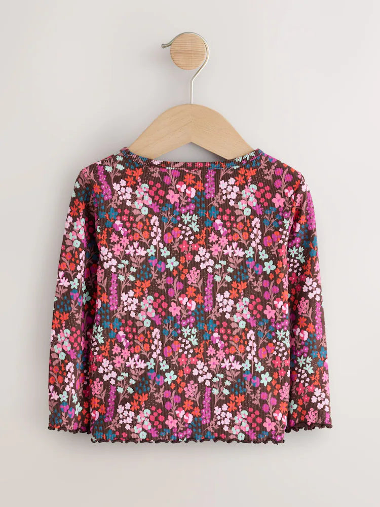 |Girl| Camiseta de Manga Longa Canelada Estampa Floral Choco (3 meses a 7 anos)