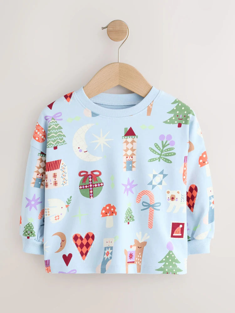|Girl| Blusa De Natal De Manga Longa Azul-Claro (3 meses a 7 anos)