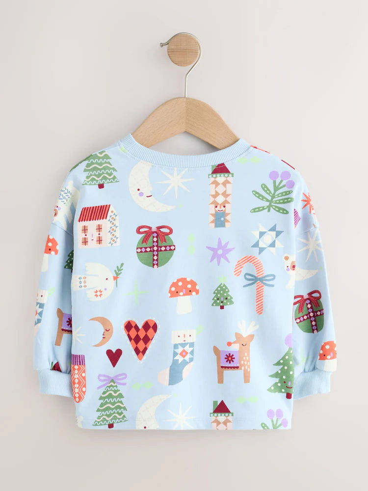 |Girl| Blusa De Natal De Manga Longa Azul-Claro (3 meses a 7 anos)