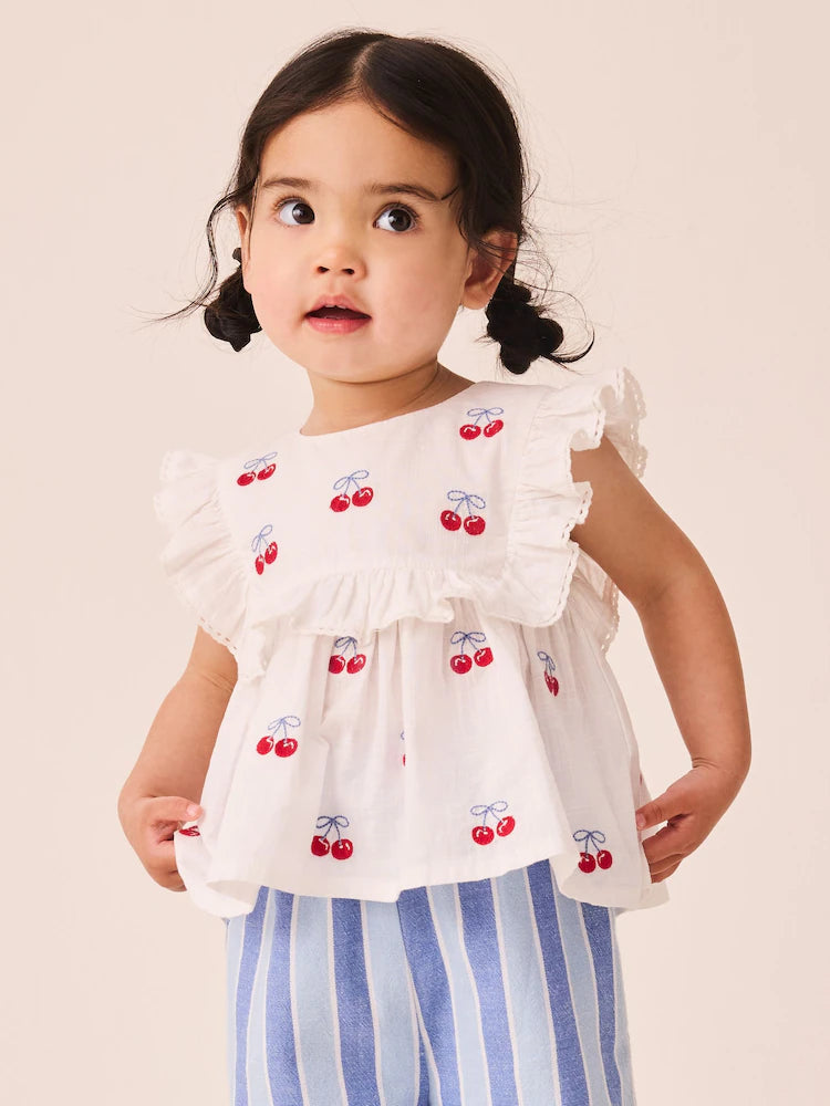 |Girl| Conjunto de Calça com Listras Azuis e Estampa de Cerejas Vermelhas e Blusa sem Mangas (3 meses a 8 anos)