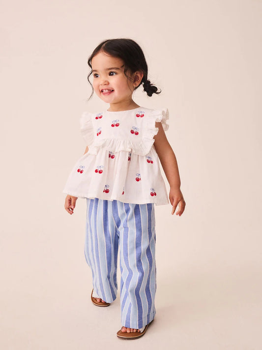 |Girl| Conjunto de Calça com Listras Azuis e Estampa de Cerejas Vermelhas e Blusa sem Mangas (3 meses a 8 anos)