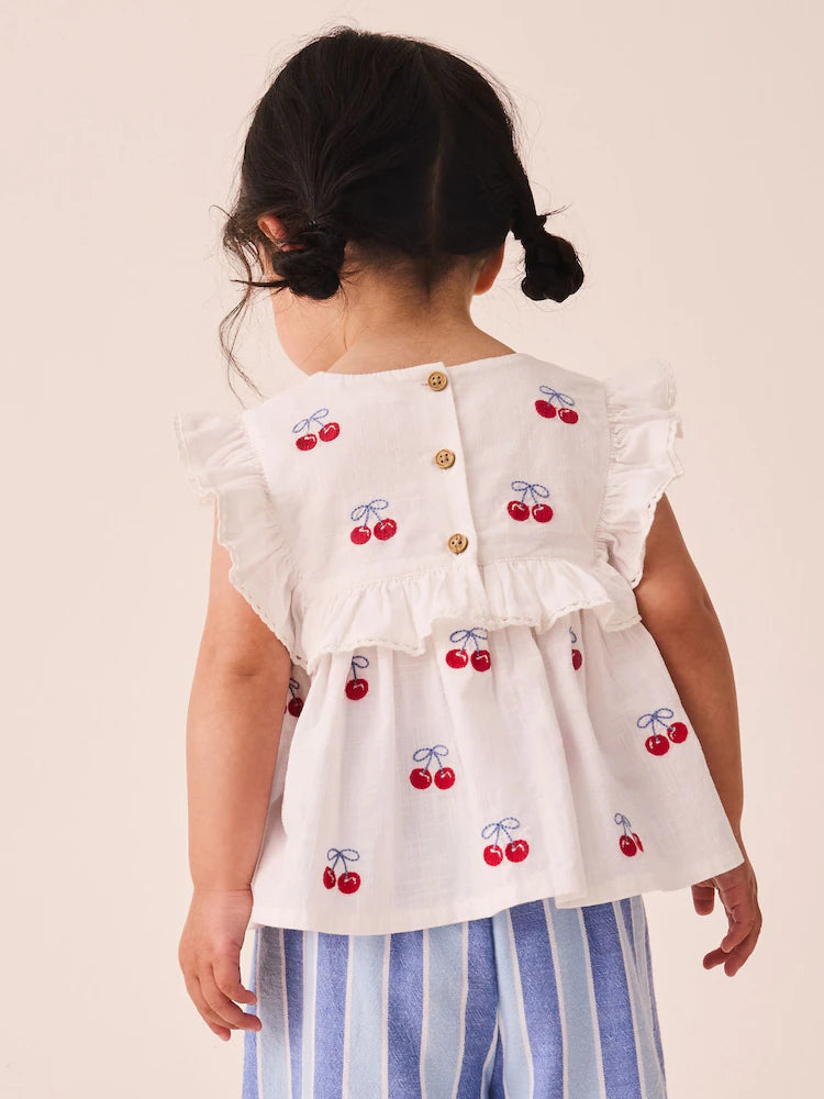 |Girl| Conjunto de Calça com Listras Azuis e Estampa de Cerejas Vermelhas e Blusa sem Mangas (3 meses a 8 anos)