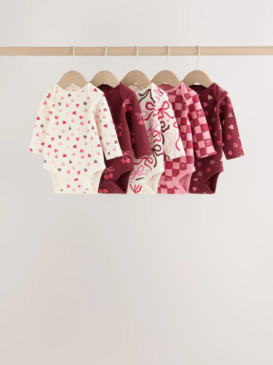 |BabyGirl| Kit com 5 Bodies de Manga Longa para Bebê com Laço Vermelho/Rosa