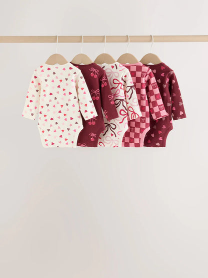|BabyGirl| Kit com 5 Bodies de Manga Longa para Bebê com Laço Vermelho/Rosa