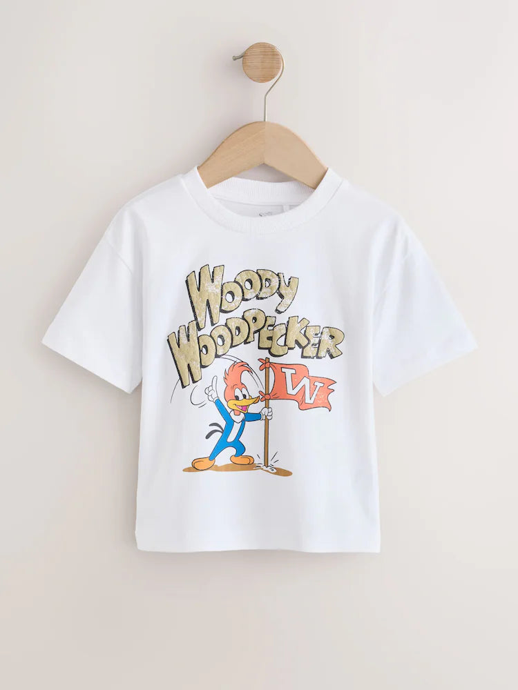 |Boy| Camiseta Branca De Manga Curta Com Estampa Do Pica-Pau (12 meses a 7 anos)