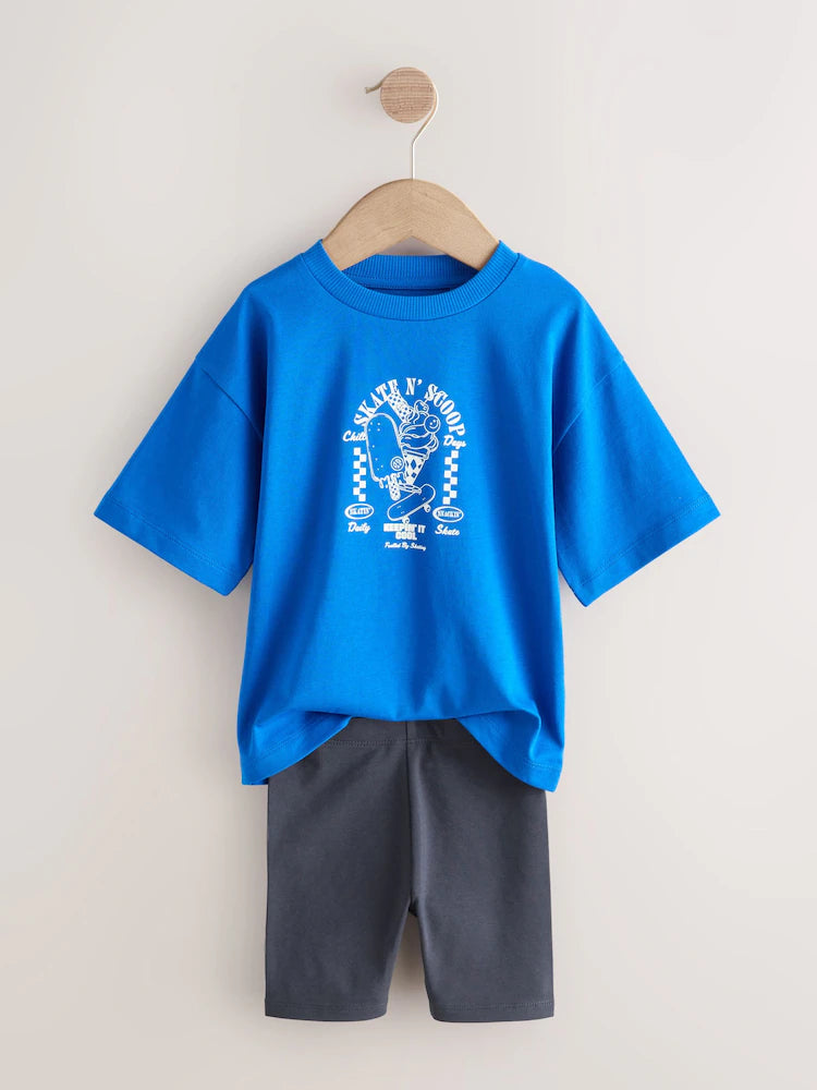 |Boy| Conjunto De Camiseta De Manga Curta Azul Cobalto e Shorts De Ciclismo (3 meses a 7 anos)