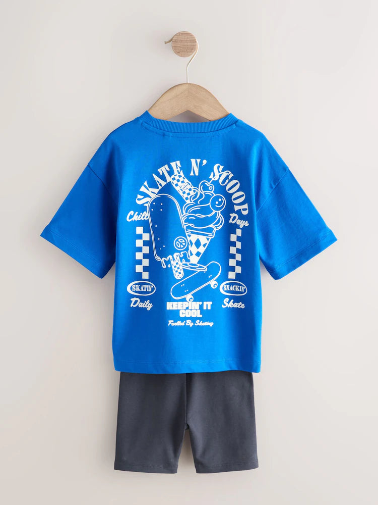 |Boy| Conjunto De Camiseta De Manga Curta Azul Cobalto e Shorts De Ciclismo (3 meses a 7 anos)