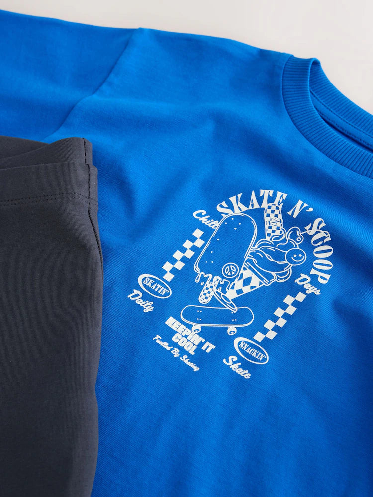 |Boy| Conjunto De Camiseta De Manga Curta Azul Cobalto e Shorts De Ciclismo (3 meses a 7 anos)