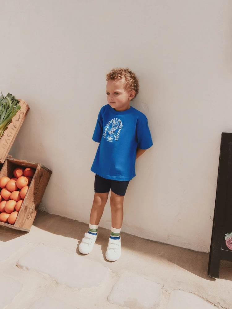 |Boy| Conjunto De Camiseta De Manga Curta Azul Cobalto e Shorts De Ciclismo (3 meses a 7 anos)