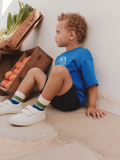 |Boy| Conjunto De Camiseta De Manga Curta Azul Cobalto e Shorts De Ciclismo (3 meses a 7 anos)