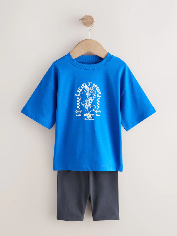 |Boy| Conjunto De Camiseta De Manga Curta Azul Cobalto e Shorts De Ciclismo (3 meses a 7 anos)