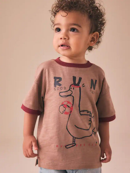 |Boy| Camiseta De Manga Curta Com Estampa De Pato Marrom (3 meses a 7 anos)