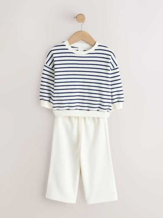 |Girl| Conjunto De Blusa De Manga Comprida Listrada Em Tons De Bege e Azul Marinho e Calça jogger de pernas largas (3 meses a 7 anos)