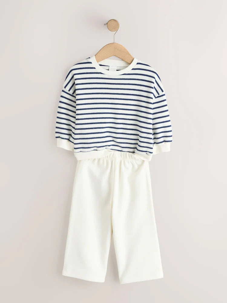 |Girl| Conjunto De Blusa De Manga Comprida Listrada Em Tons De Bege e Azul Marinho e Calça jogger de pernas largas (3 meses a 7 anos)