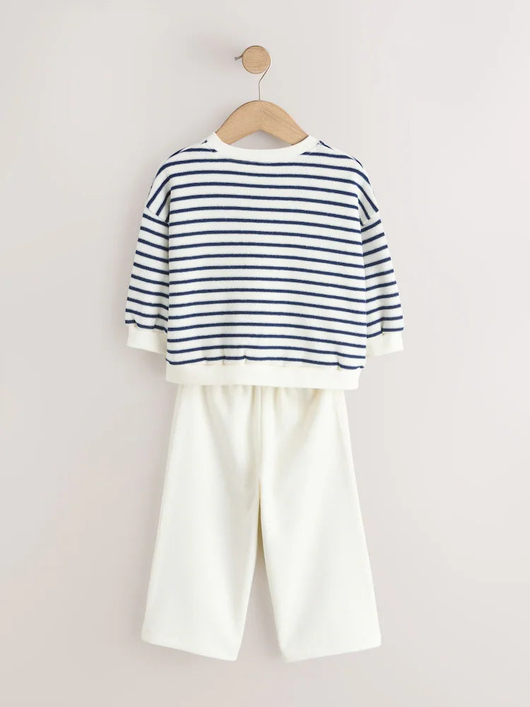 |Girl| Conjunto De Blusa De Manga Comprida Listrada Em Tons De Bege e Azul Marinho e Calça jogger de pernas largas (3 meses a 7 anos)