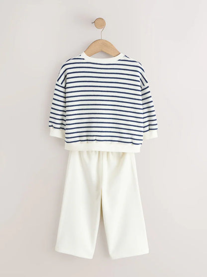 |Girl| Conjunto De Blusa De Manga Comprida Listrada Em Tons De Bege e Azul Marinho e Calça jogger de pernas largas (3 meses a 7 anos)