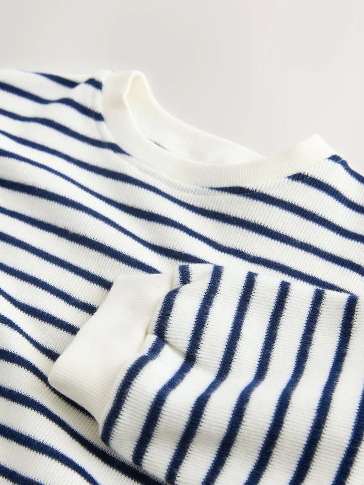 |Girl| Conjunto De Blusa De Manga Comprida Listrada Em Tons De Bege e Azul Marinho e Calça jogger de pernas largas (3 meses a 7 anos)