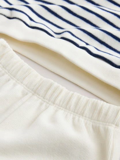 |Girl| Conjunto De Blusa De Manga Comprida Listrada Em Tons De Bege e Azul Marinho e Calça jogger de pernas largas (3 meses a 7 anos)