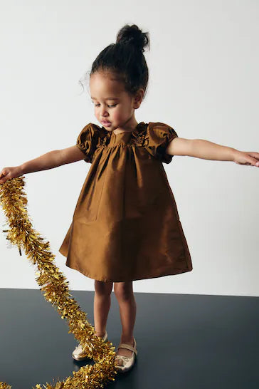 |Girl| Vestido De Festa Com Babados - Tafetá Verde Oliva (3 meses a 8 anos)