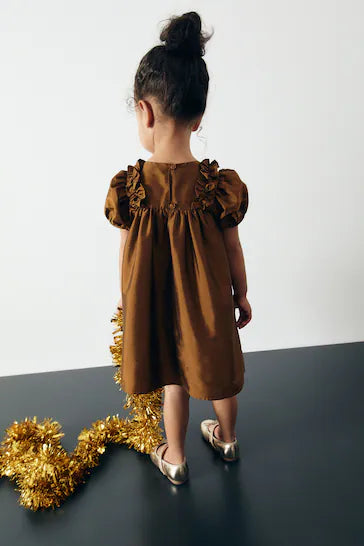|Girl| Vestido De Festa Com Babados - Tafetá Verde Oliva (3 meses a 8 anos)