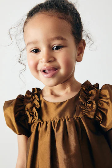 |Girl| Vestido De Festa Com Babados - Tafetá Verde Oliva (3 meses a 8 anos)