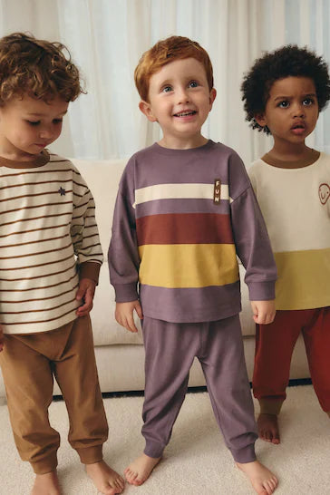 |Boy| Pijama Snuggle Com Listras Vermelhas/Roxas 100% Algodão, Pacote Com 3 (9 meses a 12 anos)