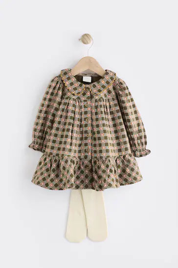 |BabyGirl| Vestido De Tecido Para Bebê Com Meia-Calça - Xadrez Verde (0 meses a 2 anos)