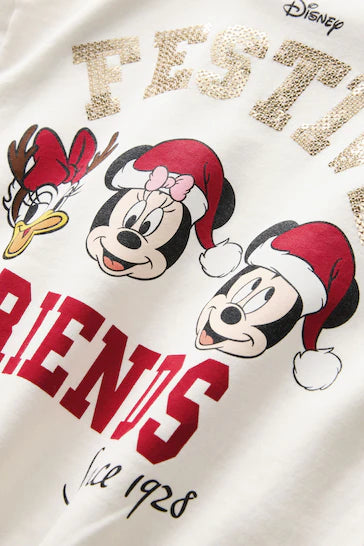 |Niña| Conjunto de top y leggings navideños color crema de Minnie Mouse de Disney (de 3 meses a 7 años)