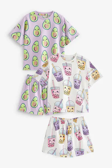 |BigGirl| Lilás Roxo/Creme Abacate/Bubble Tea Personagem Pacote Com 2 Pijamas Curtos (3-16 anos)