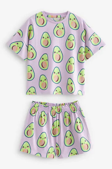 |BigGirl| Lilás Roxo/Creme Abacate/Bubble Tea Personagem Pacote Com 2 Pijamas Curtos (3-16 anos)