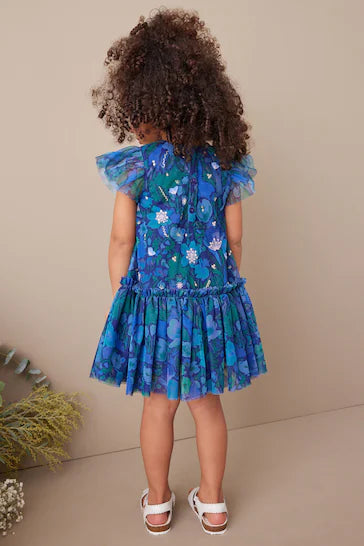|BigGirl| Vestido De Festa De Malha Enfeitada Com Lantejoulas - Blue (3 meses a 7 anos)