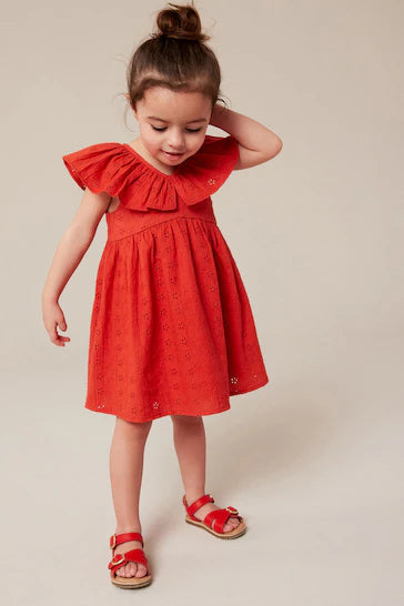 |BigGirl| Vestido Broderie de Algodão Vermelho (3 meses - 8 anos)