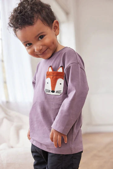 |Boy| Camiseta De Manga Comprida Com Bolso - Purple Fox (3 meses a 7 anos)