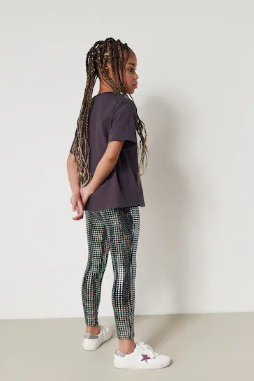 |Girl| Leggings De Lantejoulas - Brilho Holográfico Prateado (3-16 anos)