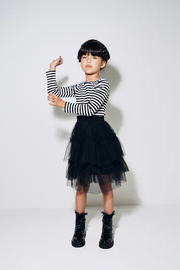 |BigGirl| Top Canelado De Manga Comprida - Listras Pretas/Brancas (3-16 anos)