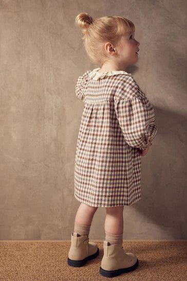 |Girl| Vestido Com Gola De Renda - Beige Check (3 meses a 8 anos)