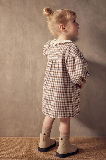 |Niña| Vestido Con Cuello De Encaje - Cuadros Beige (3 meses a 8 años)