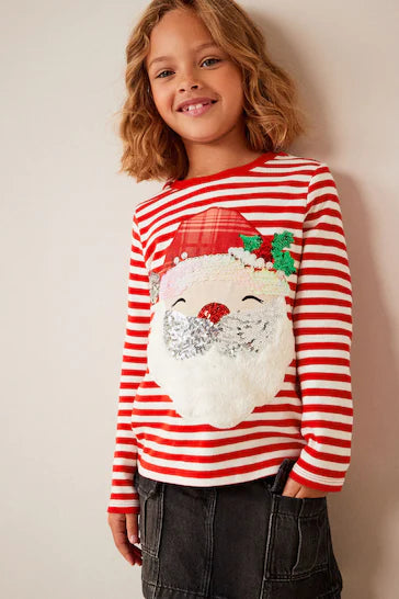 |BigGirl| Natal Camiseta De Manga Comprida De Natal Com Lantejoulas -  Red/White Santa (3-16 anos)